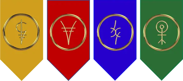 Four elemental world academia ribbons, each color and symbol representing the worlds of Atlantis, Ceres, Hades, and Zephyr.