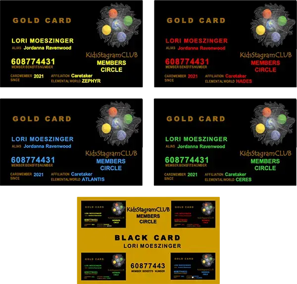 Set of personalized membership cards for the elemental worlds of Ethan Fox, including the exclusive black card post-award.