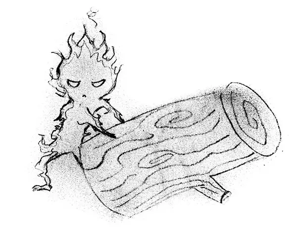 Line drawing of a Firelyte creature carrying a log in the Ethan Fox Books series.