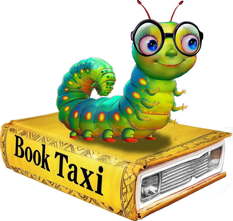 An author created rendering of Wordly Pagemore on his book taxi.