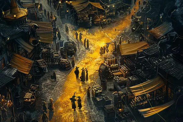 Market Square yellow brick road in the Ethan Fox Books series, featuring robed Caretakers